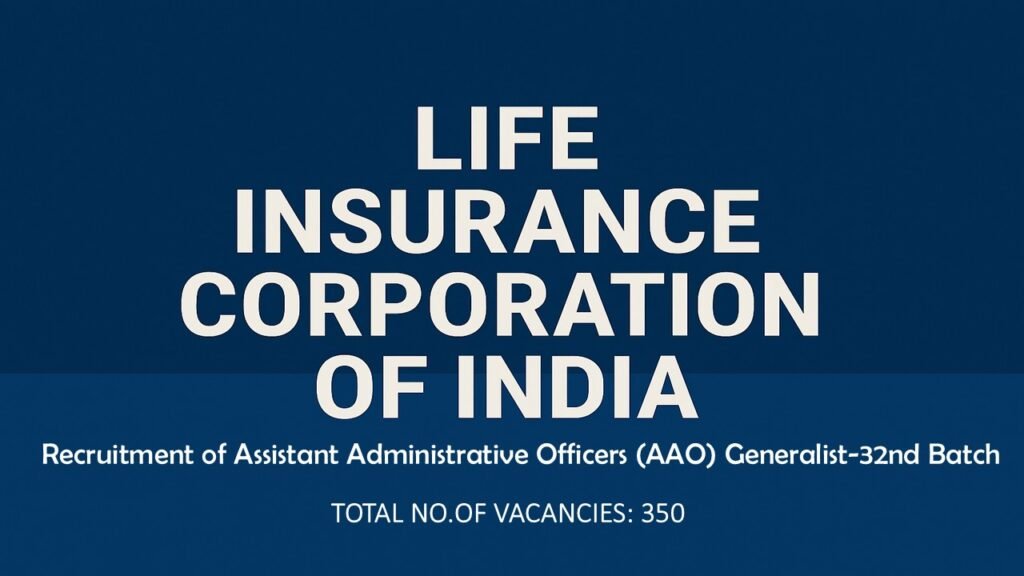 Illustration of LIC headquarters with a recruitment banner for AAO 2025 Generalist post, featuring candidates preparing for exams.