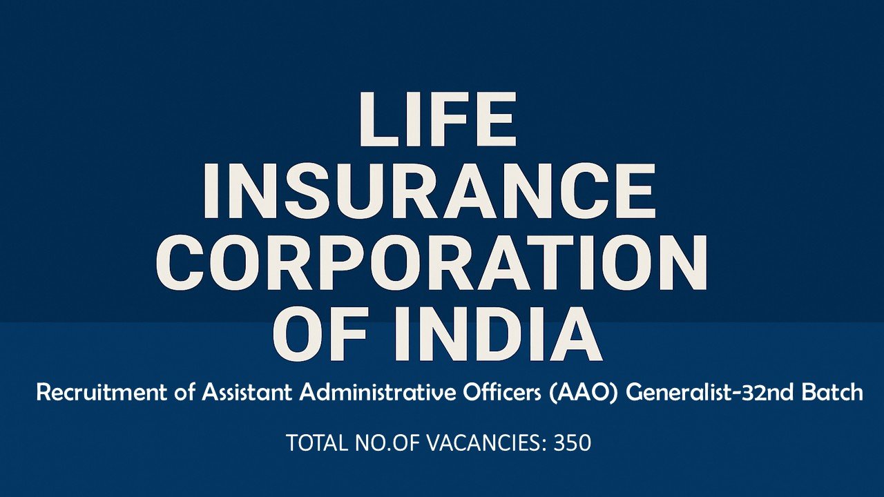 Illustration of LIC headquarters with a recruitment banner for AAO 2025 Generalist post, featuring candidates preparing for exams.