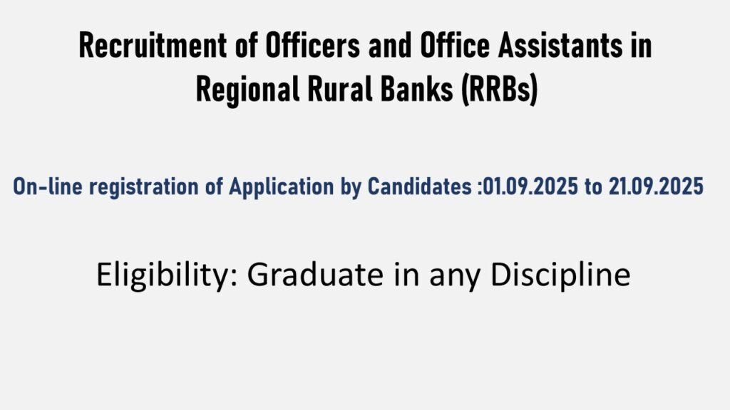 "IBPS CRP RRBs XIV recruitment banner showing officers and office assistants in rural banking roles with official logos and application dates"